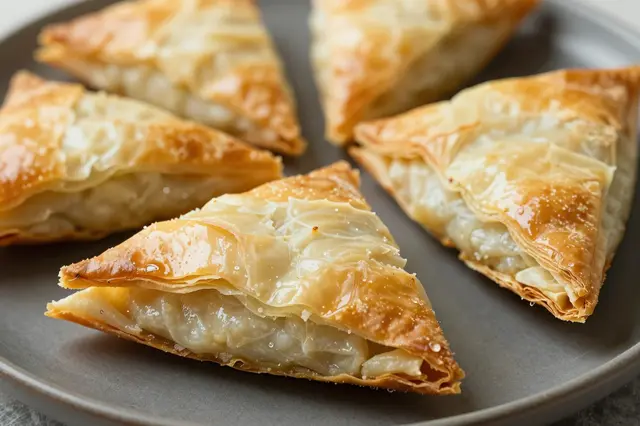 Five flaky golden phyllo pastry triangles arranged on a matte gray ceramic plate