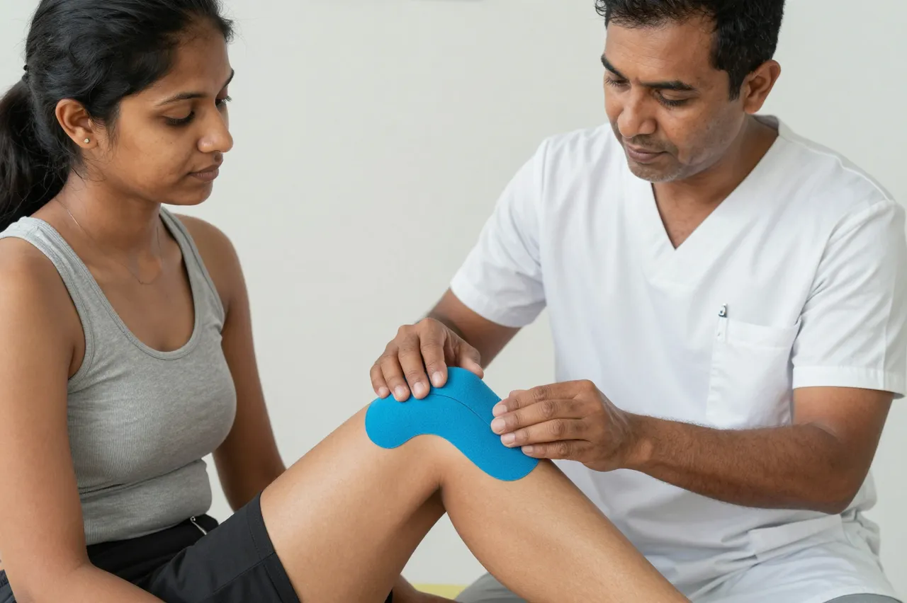 A male physiotherapist applies blue kinesiology tape to a seated woman's knee during an appointment.