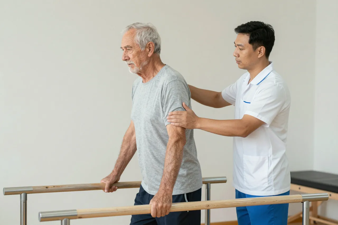 A physiotherapist guides an elderly man walking with parallel rehabilitation bars in a clinic