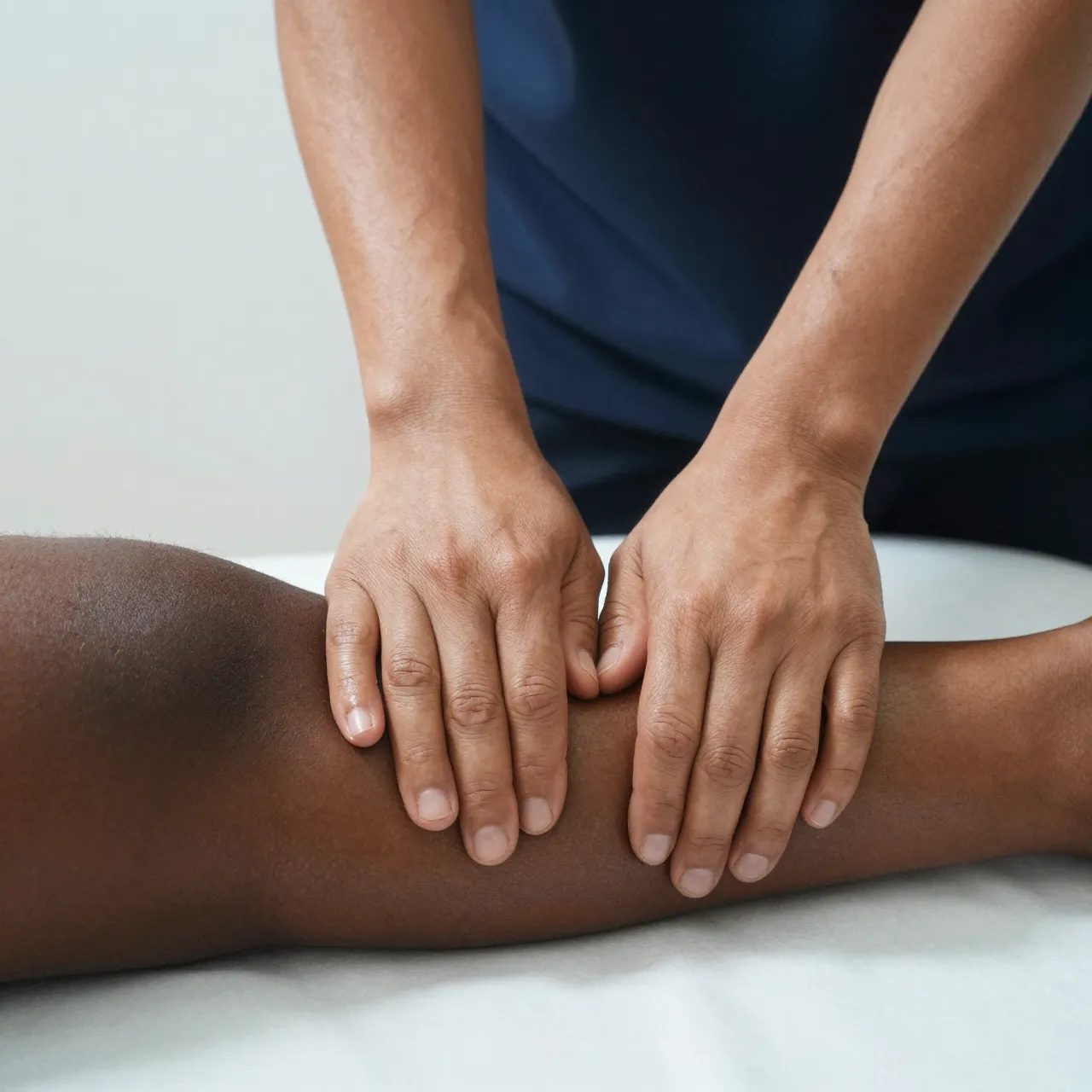 Close-up of a physiotherapist's hands applying pressure to a patient's calf on a treatment table