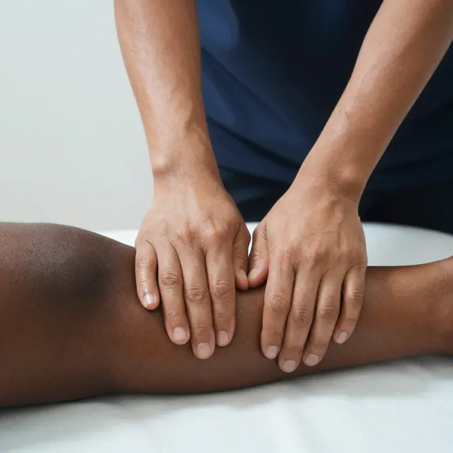 Close-up of a physiotherapist's hands applying pressure to a patient's calf on a treatment table