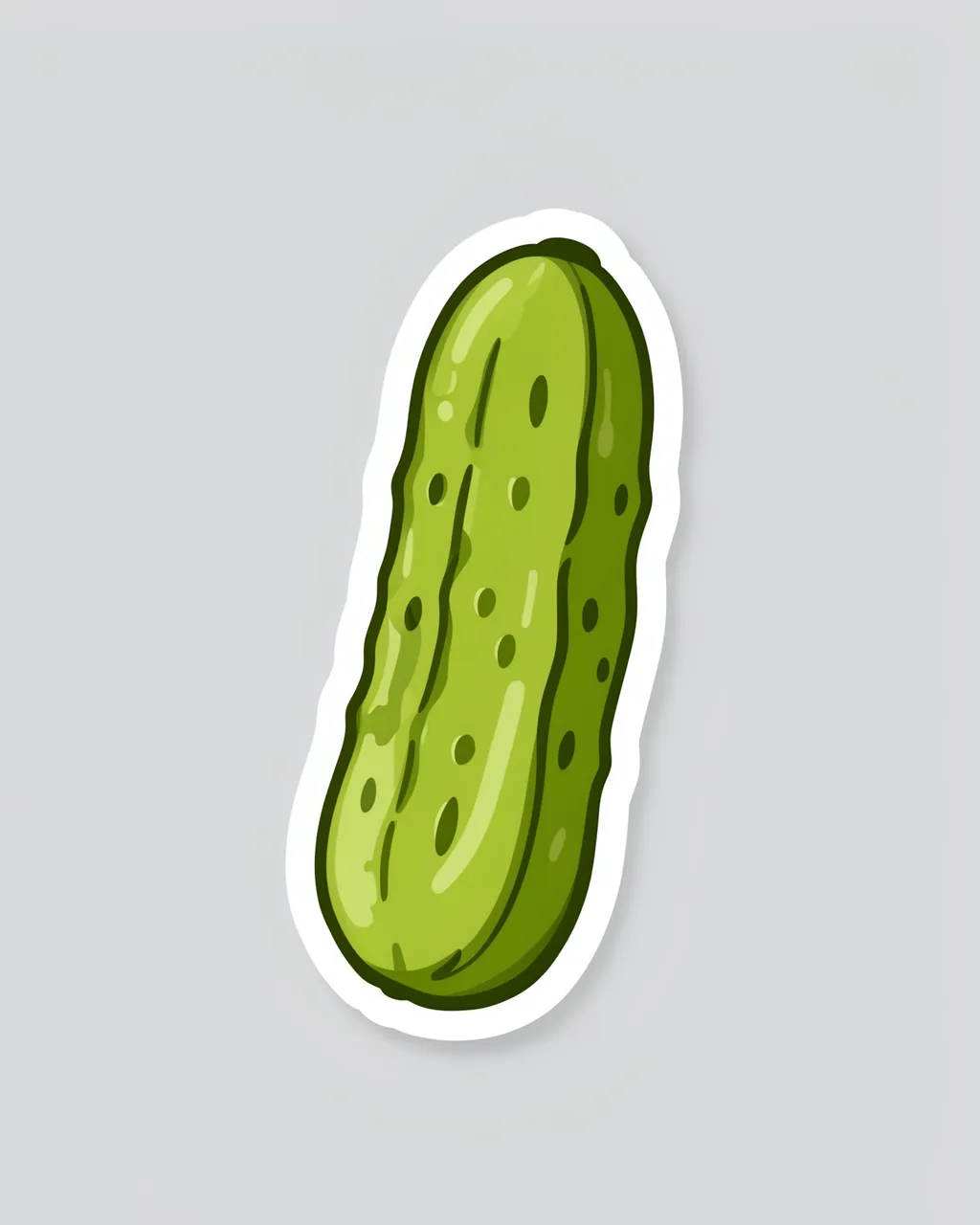 Cute flat illustrated crunchy dill pickle sticker with a thick white border on a plain light gray background
