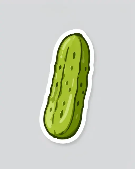 Cute flat illustrated crunchy dill pickle sticker with a thick white border on a plain light gray background
