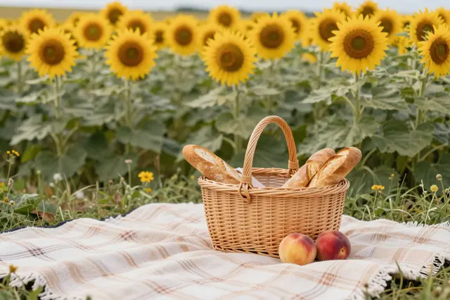 A wicker picnic basket with bread and peaches rests on a plaid blanket at the edge of a sunflower field