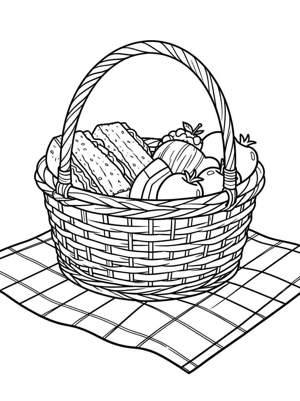 Black and white line art of a wicker picnic basket filled with sandwiches and fruit resting on a checkered blanket