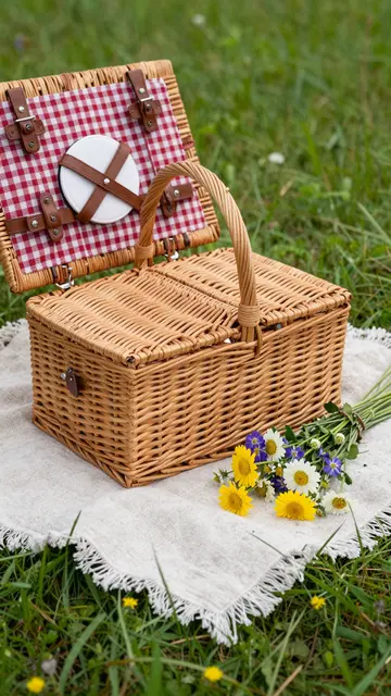 An open wicker picnic basket rests on a fringed linen blanket beside wildflowers in a green grass meadow.