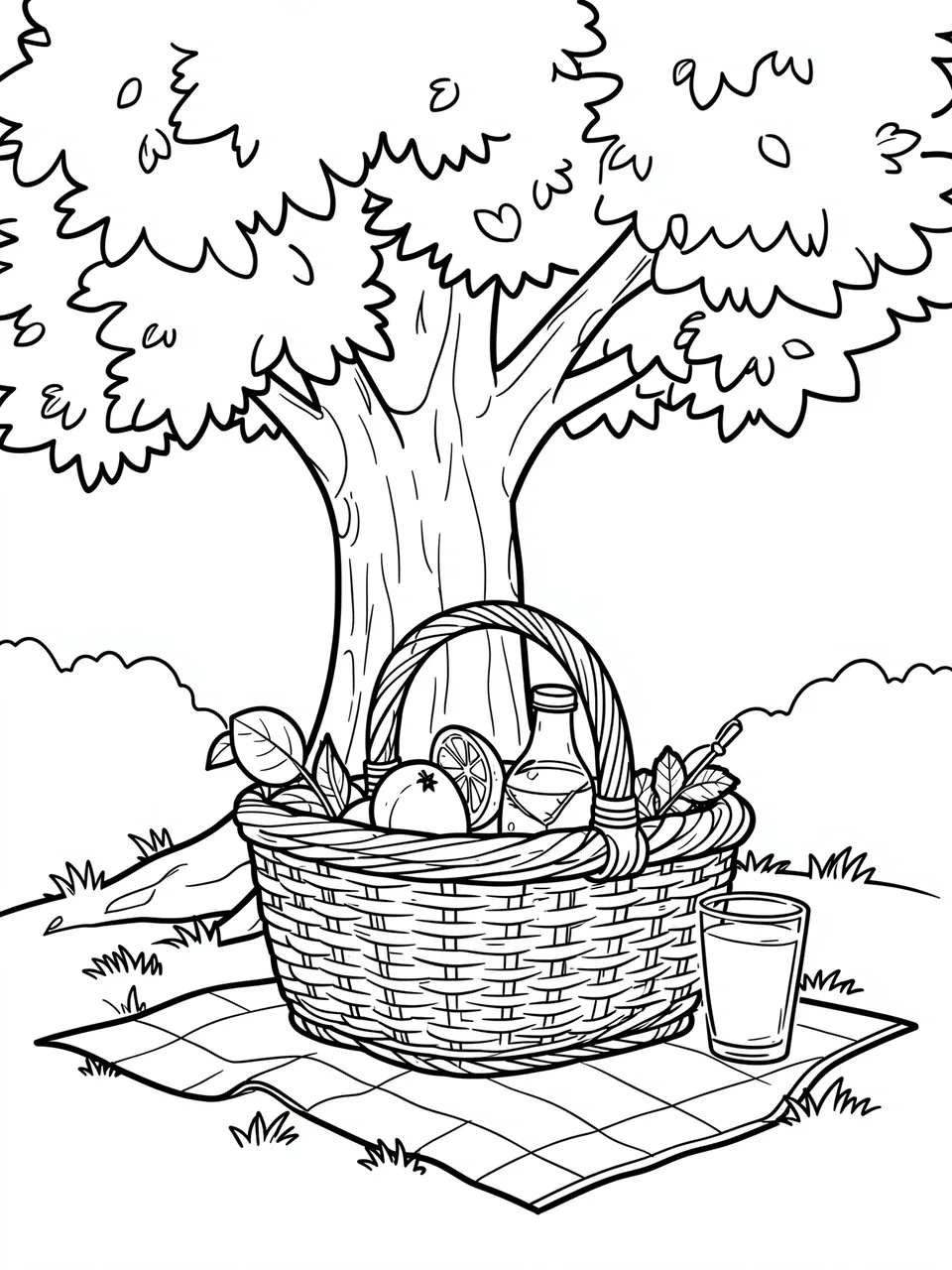 Black and white line art coloring page of a picnic basket with lemonade on a blanket under a leafy tree