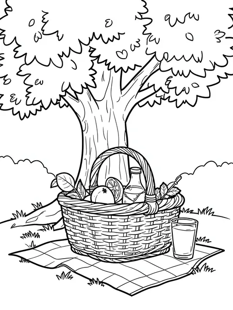 Black and white line art coloring page of a picnic basket with lemonade on a blanket under a leafy tree