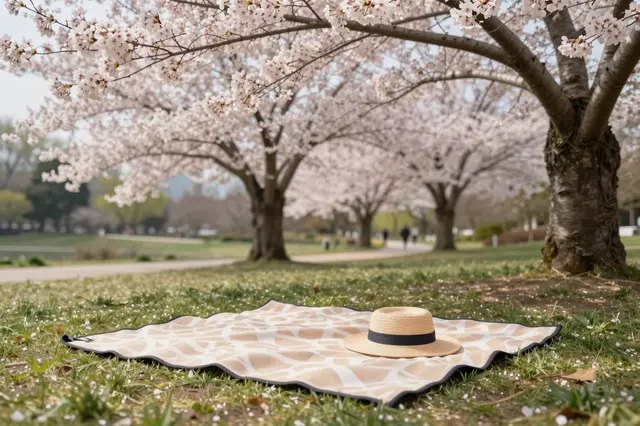 A patterned picnic blanket with a straw hat rests on grass beneath blooming cherry blossom trees in a park.
