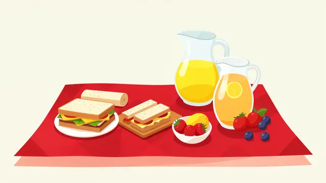 Flat vector illustration of a picnic arrangement of sandwiches, fruit, and lemonade pitchers on a red blanket