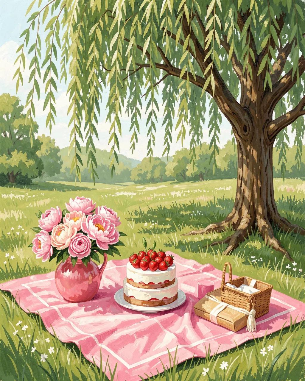 Gouache illustration of a bridal shower picnic arrangement on a pink blanket under a willow tree