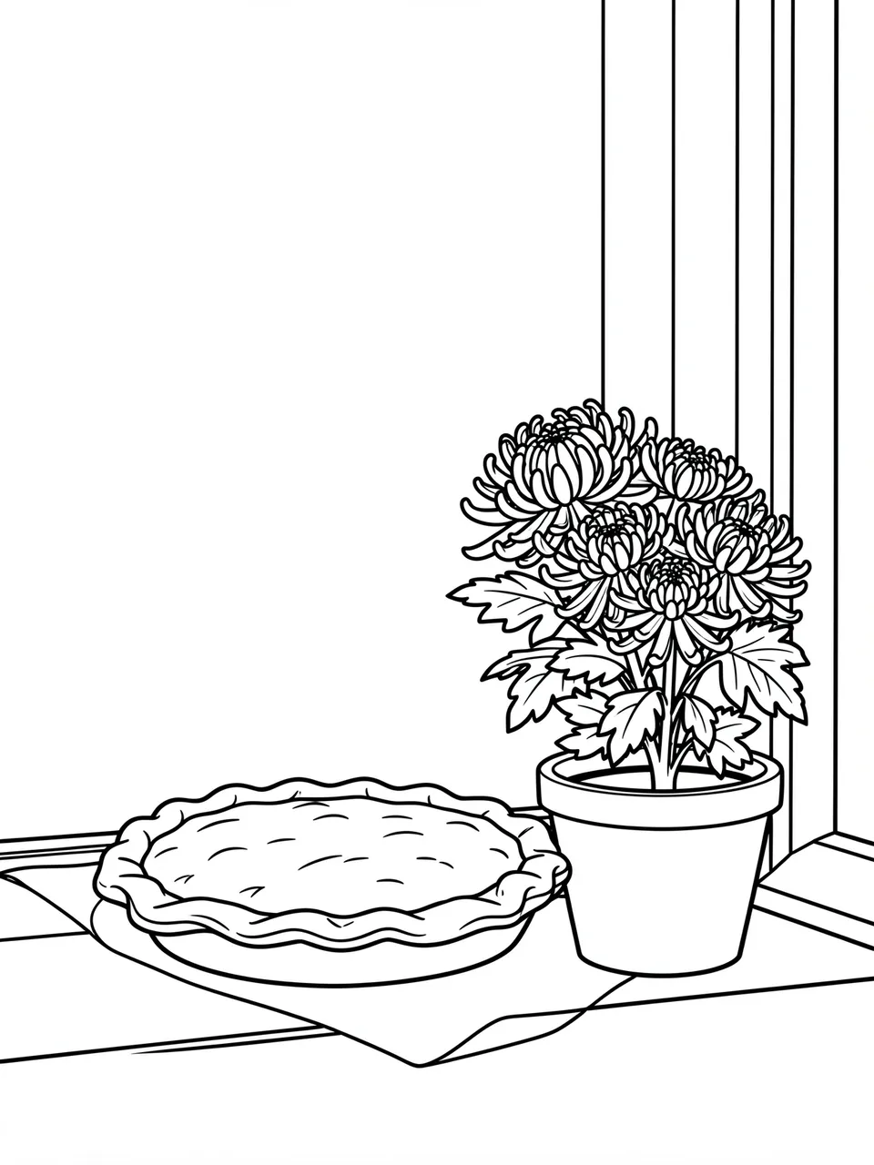 Black and white line art coloring page of a cooling pie and potted chrysanthemum on a windowsill