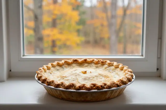 Fresh baked pie rests on a white windowsill with blurred autumn trees visible outside the window.
