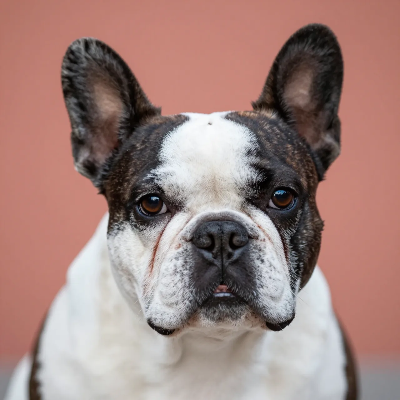 Close-up head portrait of a pied French bulldog facing the camera against a coral backdrop