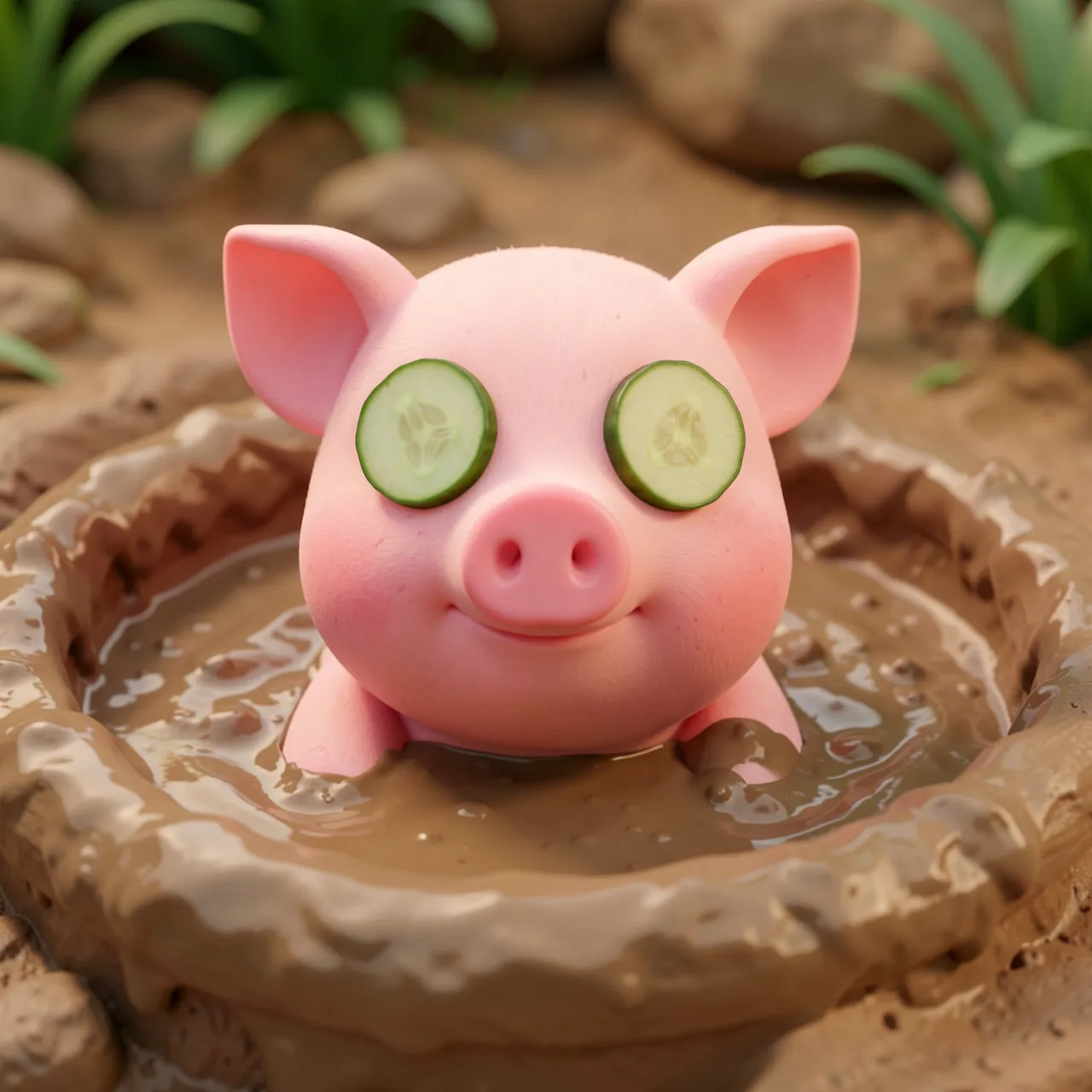 Cute pink 3D pig rests in a mud bath with cucumber slices over its eyes