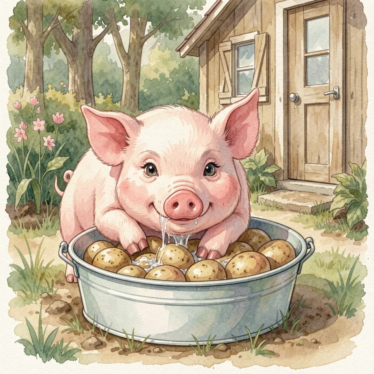 Cute watercolor pig washes fresh potatoes in a tin tub beside a wooden garden shed