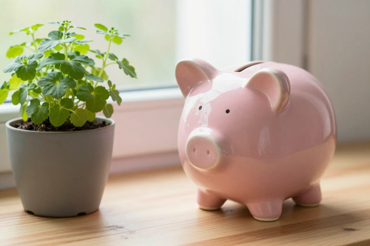 Pink ceramic piggy bank sits next to a potted green herb on a bright wooden windowsill