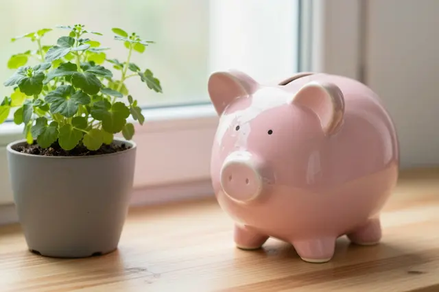 Pink ceramic piggy bank sits next to a potted green herb on a bright wooden windowsill