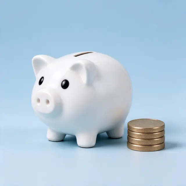 A white ceramic piggy bank sits next to a stack of gold coins on a pale blue background