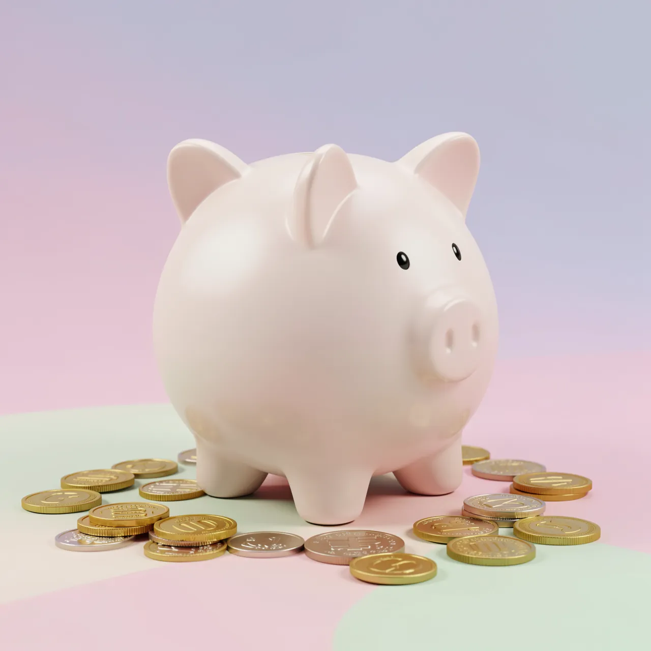 A pale pink piggy bank sits surrounded by gold and silver coins on a soft pastel gradient background