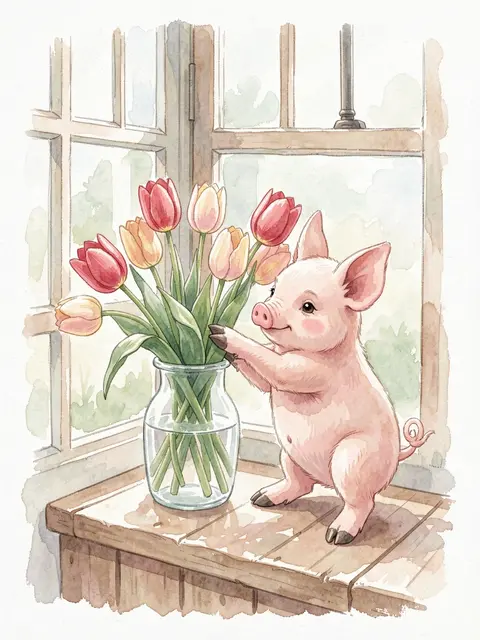 A cute watercolor piglet adjusts tulips in a glass vase on a wooden farmhouse windowsill