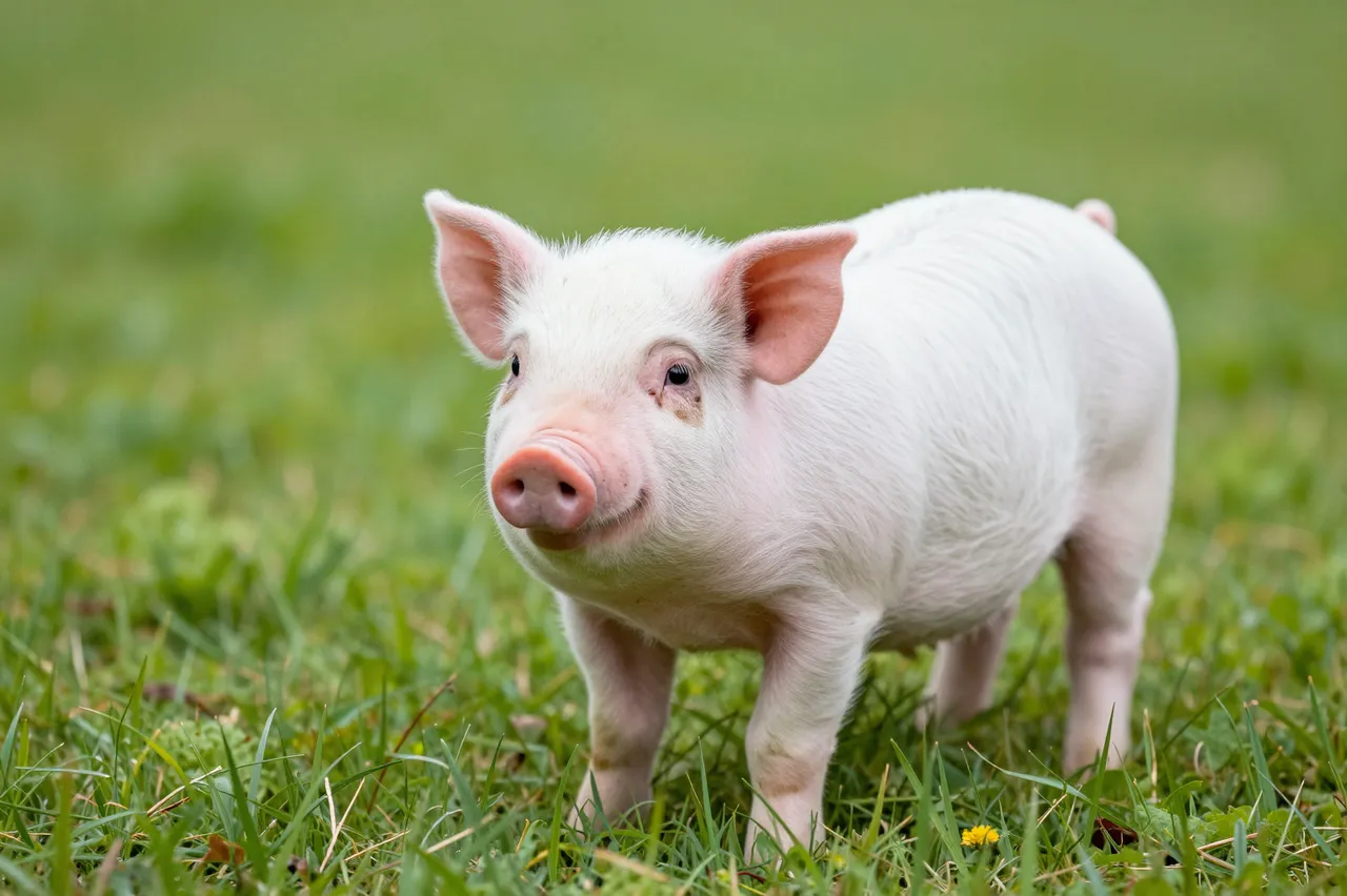 A young pale pink piglet stands facing the camera in a sunlit green grass meadow