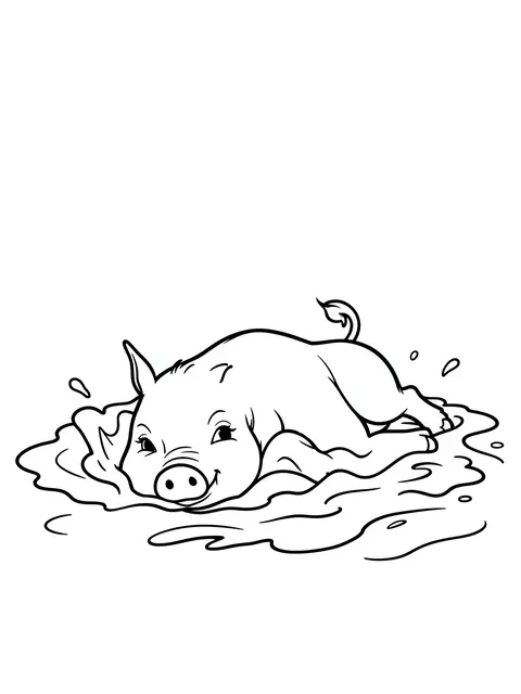 Simple bold black line art of a happy piglet relaxing in a mud puddle on a white background