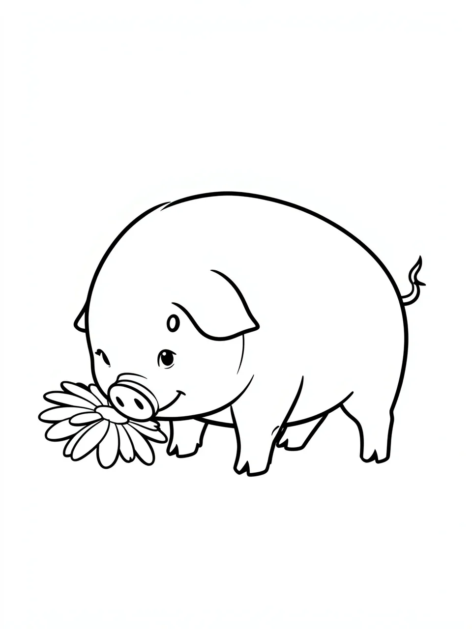Simple bold black line art of a round piglet leaning down to sniff a daisy on a plain white background