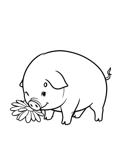 Simple bold black line art of a round piglet leaning down to sniff a daisy on a plain white background