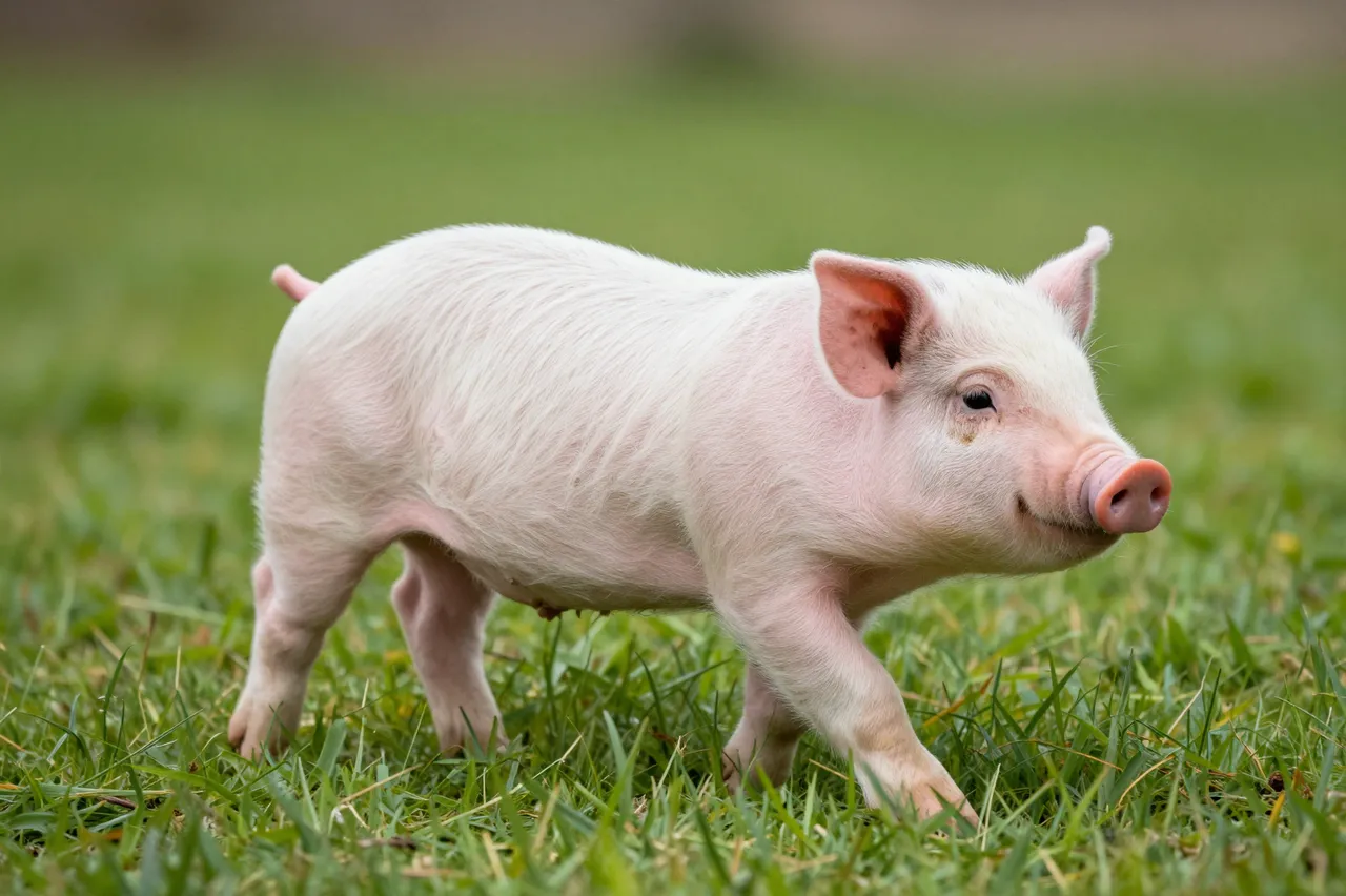 A small pale pink piglet walks slowly across lush green farm grass with a soft blurred background.