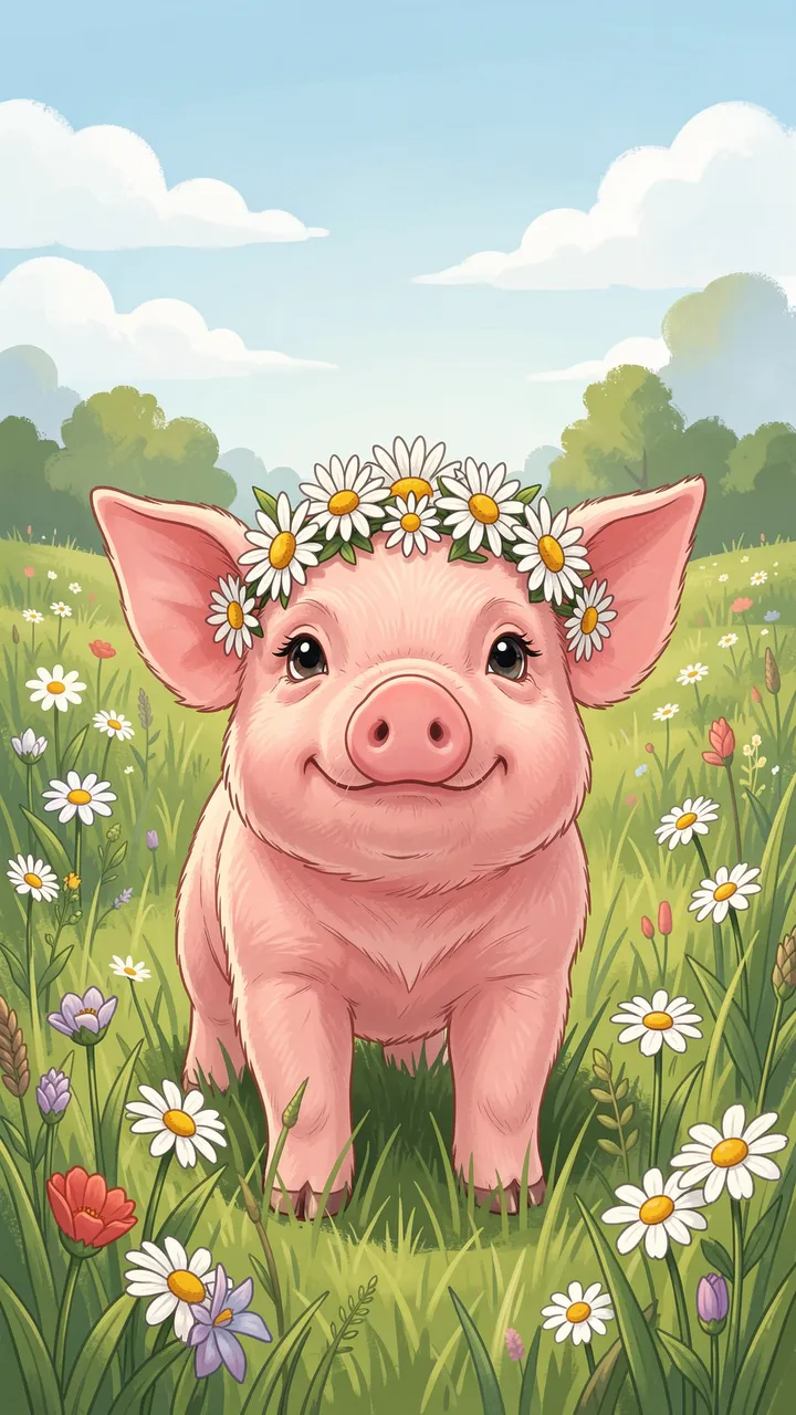 A smiling pink piglet wearing a daisy crown stands in a sunny wildflower meadow