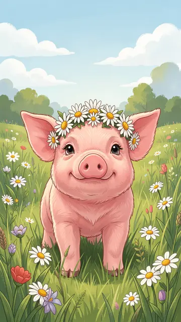 A smiling pink piglet wearing a daisy crown stands in a sunny wildflower meadow