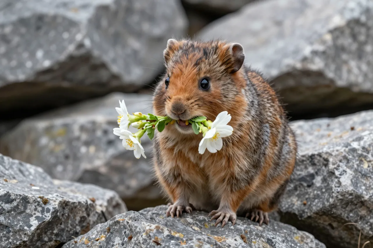A fluffy pika sits on gray rocks holding white flowers in its mouth