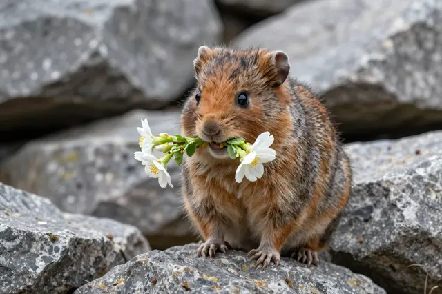 A fluffy pika sits on gray rocks holding white flowers in its mouth