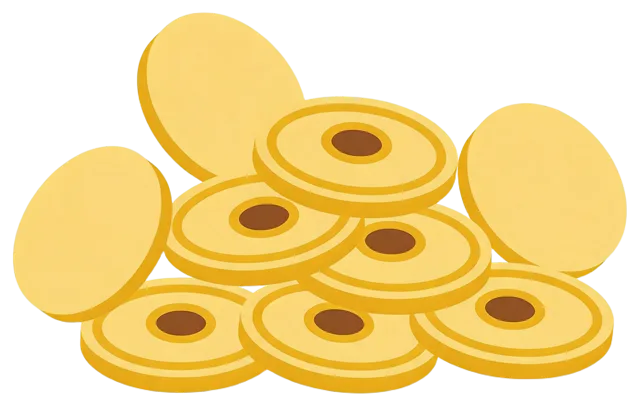 Flat vector illustration of a clustered pile of gold foil chocolate coins, some standing upright and some lying flat