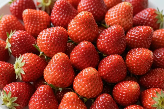 Close-up full frame view of a dense pile of glossy fresh ripe red strawberries with green leafy tops.