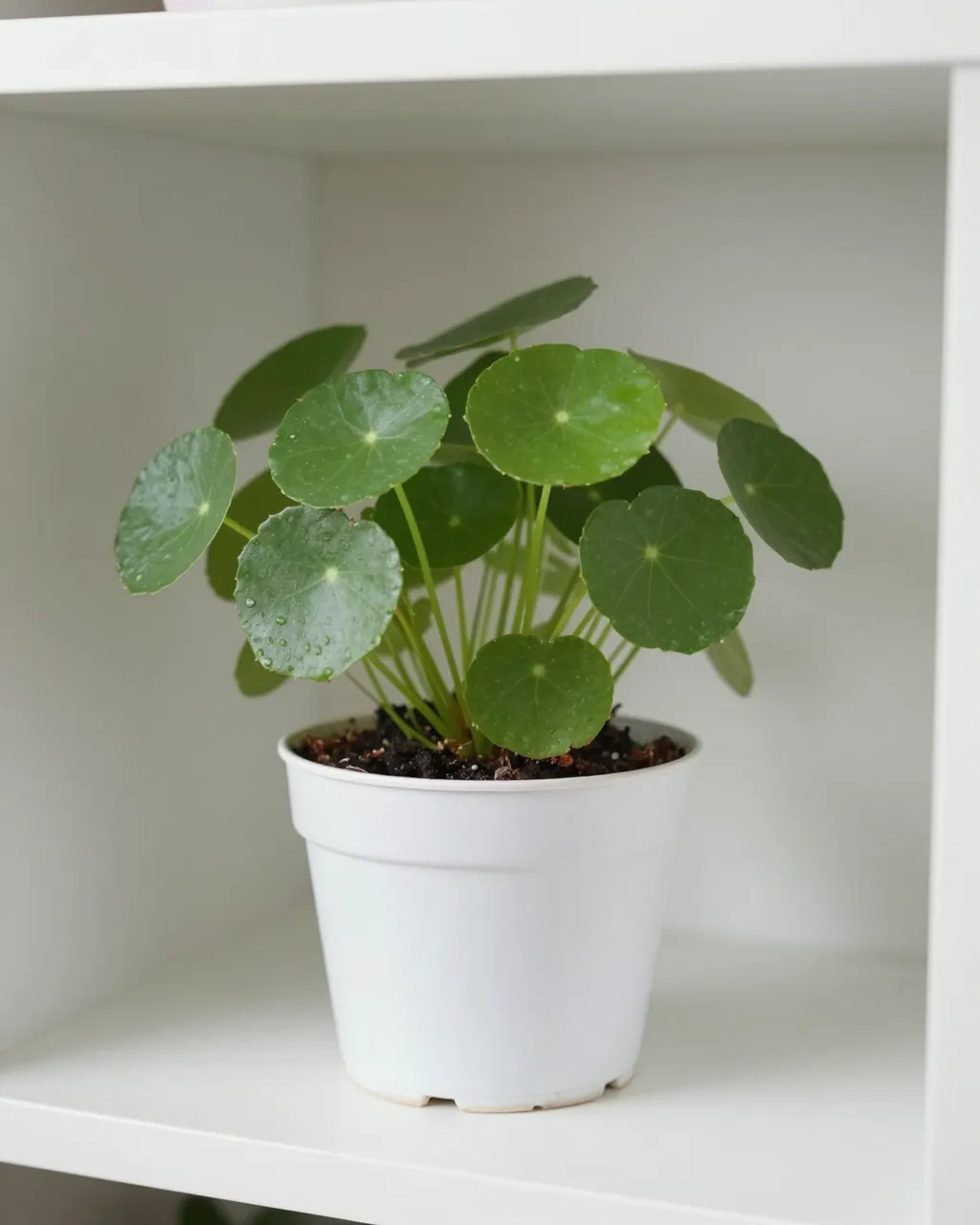 A round-leaf pilea houseplant in a small white pot sits on a white interior shelf.
