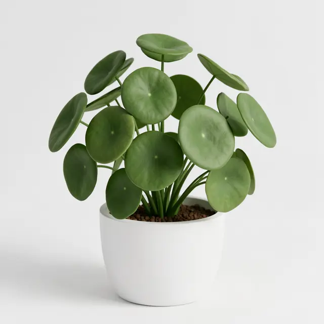 A soft matte 3D render of a round-leaf pilea houseplant growing in a simple white ceramic pot.