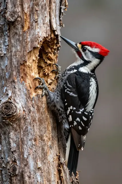 A pileated woodpecker with a bright red crest clings to an old weathered snag beside a freshly chiseled cavity.