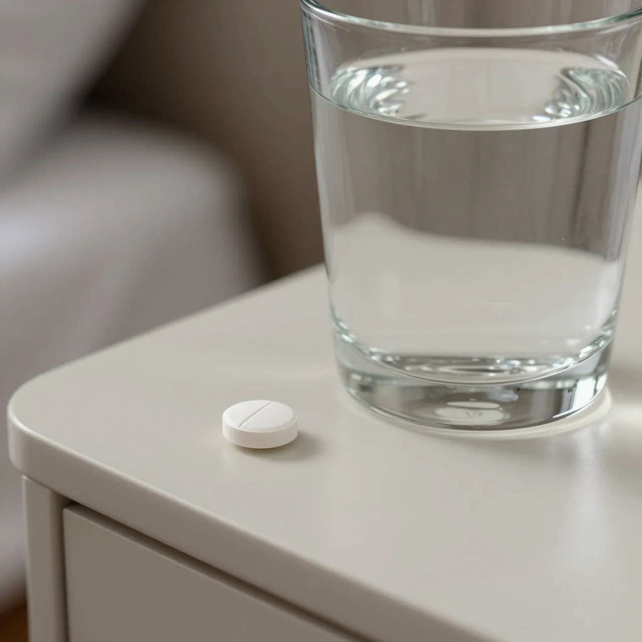 A single white pill sits next to a clear glass of water on a white bedside table at soft morning light.