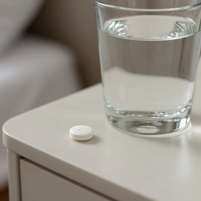 A single white pill sits next to a clear glass of water on a white bedside table at soft morning light.