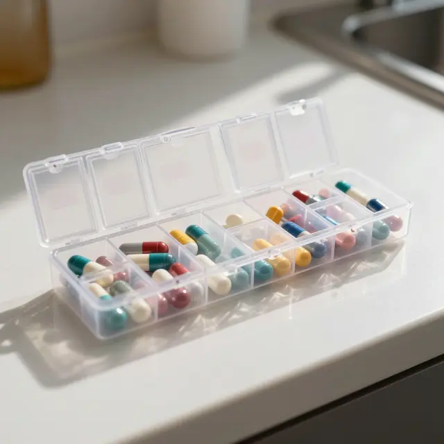 Clear plastic pill organiser filled with colorful capsules sits on a bright sunlit kitchen countertop.