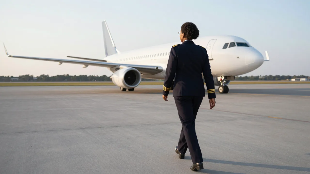 A female airline pilot in uniform walks across airport tarmac toward a parked jet at dawn