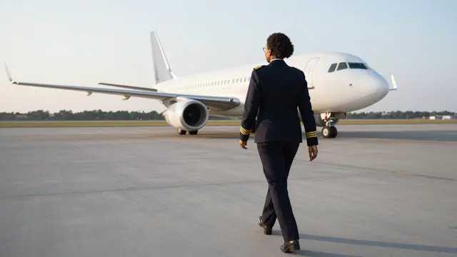 A female airline pilot in uniform walks across airport tarmac toward a parked jet at dawn