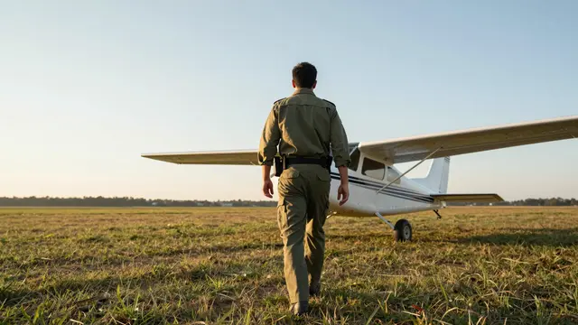 A man in olive uniform walks from behind toward a parked light aircraft on a grass airfield at sunrise