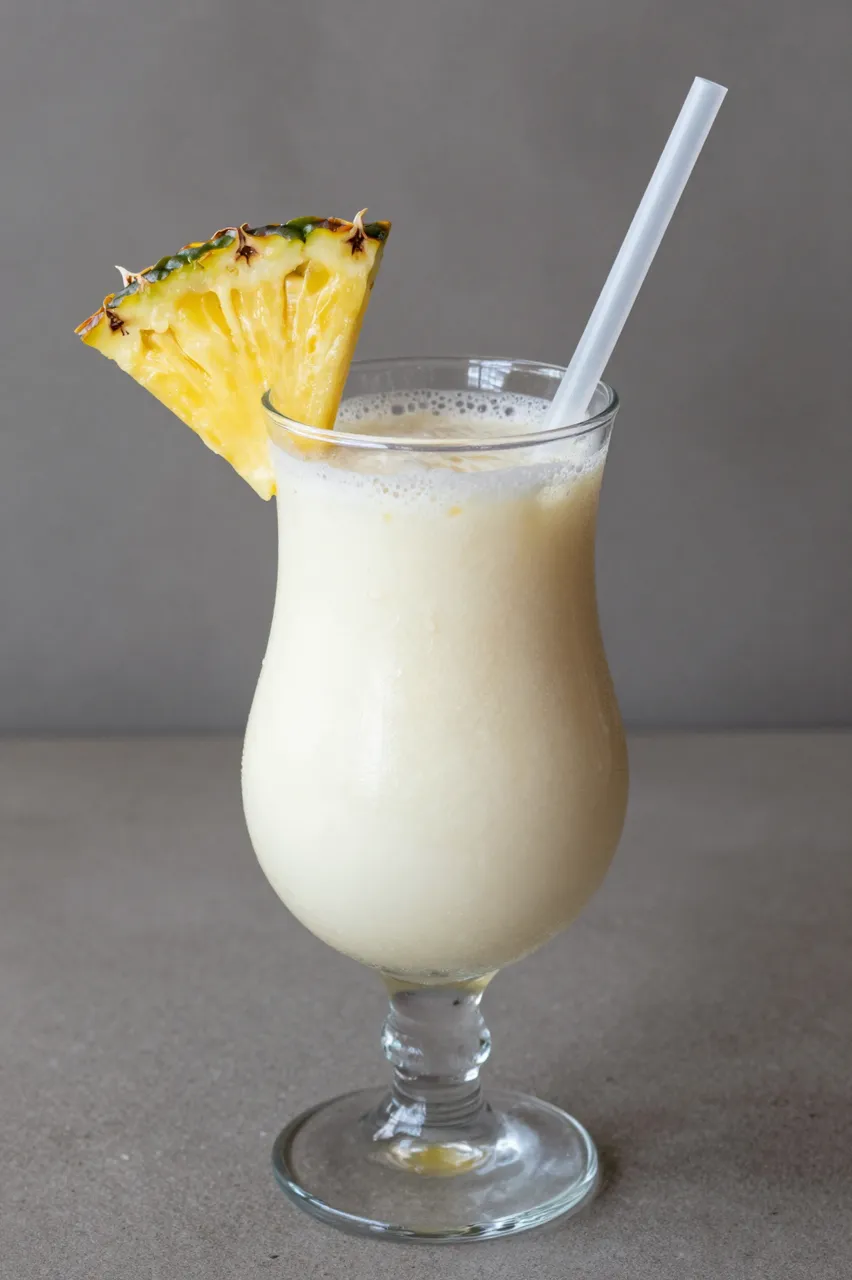 Creamy pina colada in a hurricane glass garnished with a pineapple wedge and plastic straw