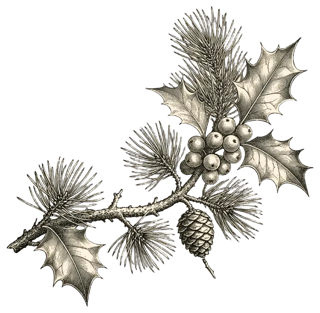 Antique engraved illustration of a curving pine and holly sprig with berries and a small pine cone