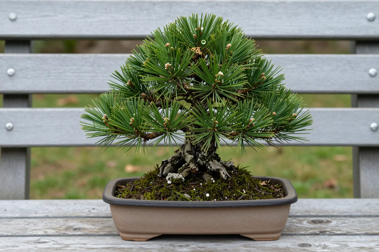 A pine bonsai in a shallow ceramic dish rests on a weathered wooden garden bench