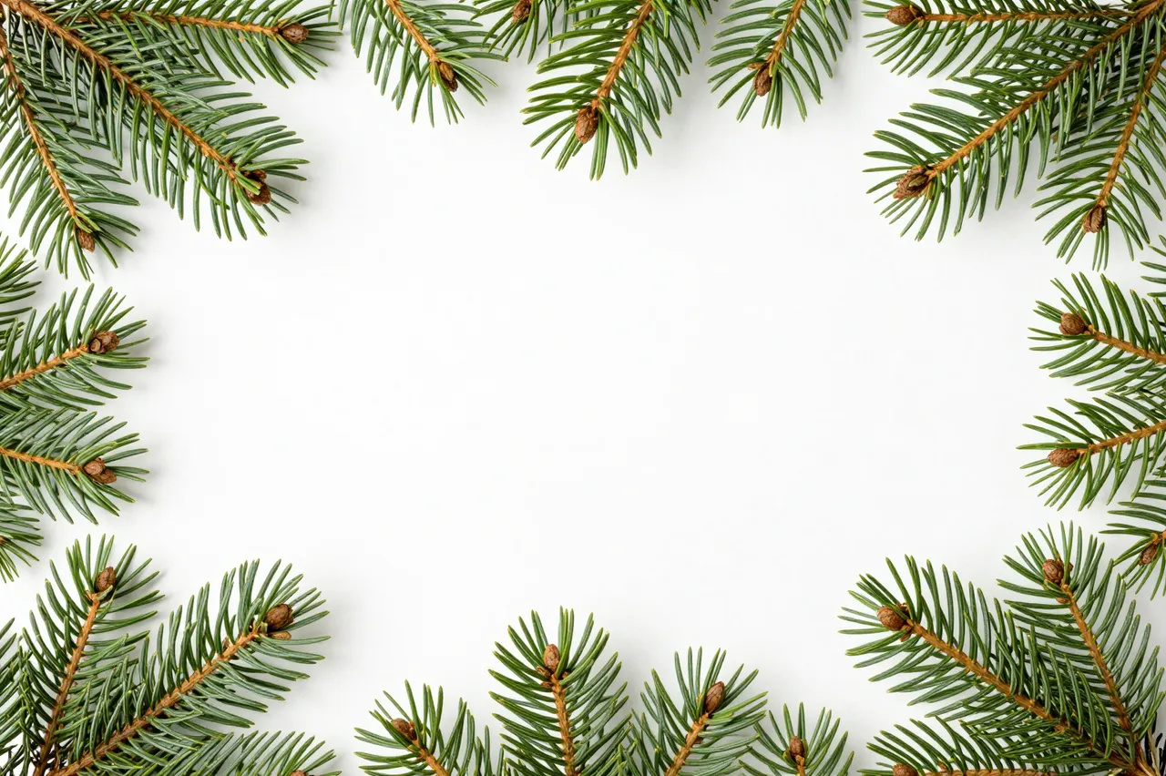 Fresh evergreen pine branches form a decorative border around empty white copy space