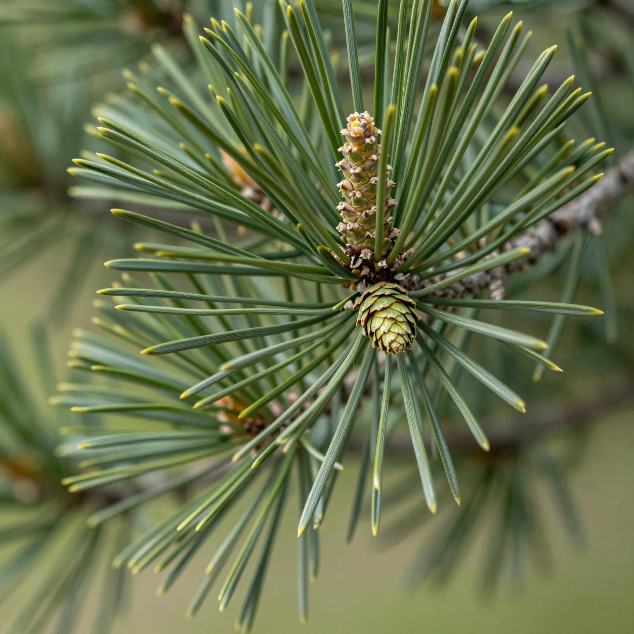 Close-up of a pine branch showing fresh green needles and a small newly formed pine cone
